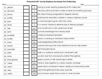 Fahrenheit 451 By Ray Bradbury Vocabulary Part 3 MATCHING TPT