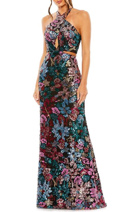 Mac Duggal Sequin Embellished Cross Halter Neck Gown Editorialist