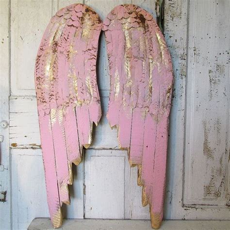 Pink Angel Wings Wall Hanging Accented Gold Shabby Cottage Chic Painted Rusty Wood W Metal