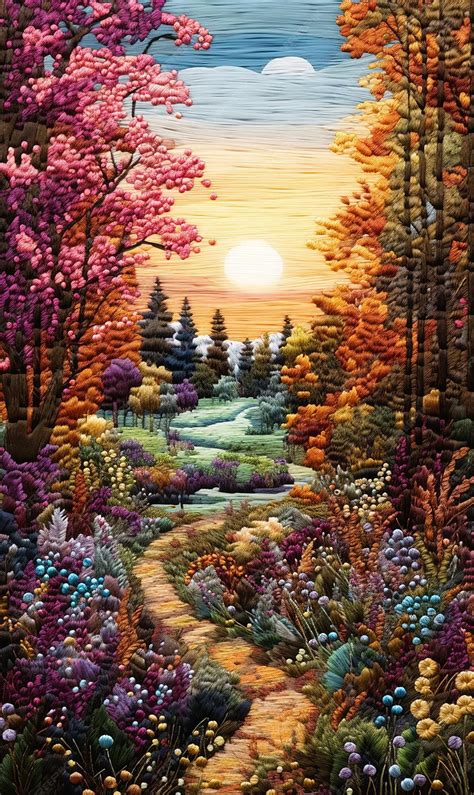 Premium AI Image | Aesthetic Colorful Embroidery art with Beautiful Landscape