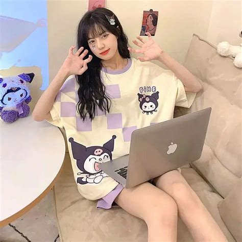 Sanrios Kawaii Anime Kuromi Cinnamoroll Cute Cartoon Short Sleeve