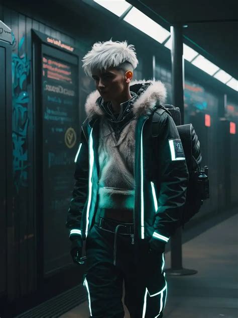 Futuristic Femboy Hacker with Bioluminescent Outfit in Cyberpunk Subway ...