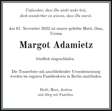 Traueranzeigen von Margot Adamietz Märkische Onlinezeitung Trauerportal