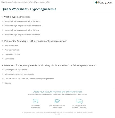 Quiz And Worksheet Hypomagnesemia