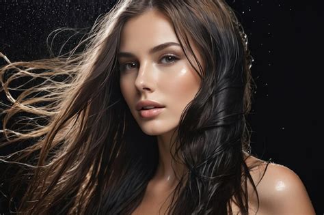 Portrait Beautiful Model Woman With Wet Flowing Healthy Long Hair And