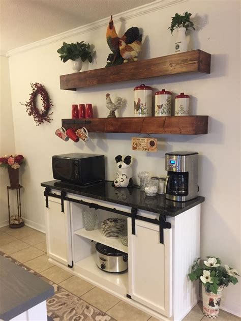 Rustic Barn Door Coffee Bar With Floating Shelves