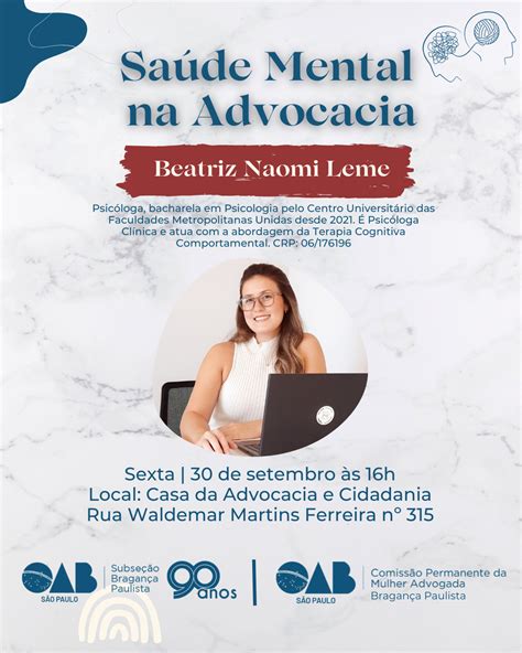 Palestra Presencial Sa De Mental Na Advocacia Oab Bragan A Ordem