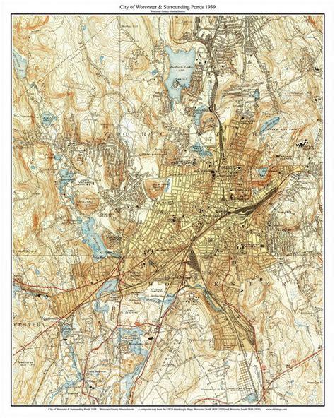 City Of Worcester And Ponds 1939 Custom Usgs Old Topo Map Massachusetts 7x7 Custom Lakes