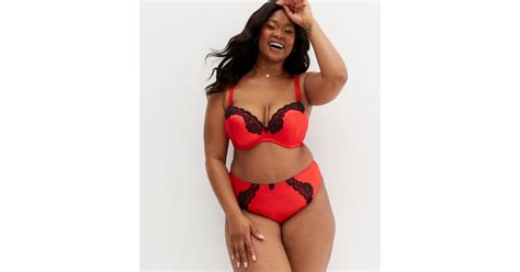 Curves Red Satin Lace Trim Plunge Bra New Look