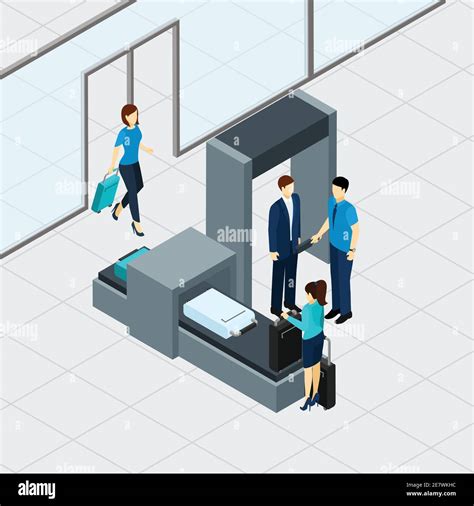 Airport Security Check With Isometric People In Queue Vector