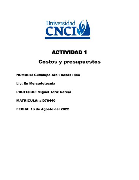 Actividad 1 Costos Y Presupuestos Actividad 1 Costos Y Presupuestos Nombre Gudalupe Areli