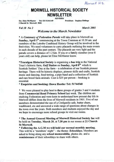 Newsletter March 2001 Morwell Historical Society