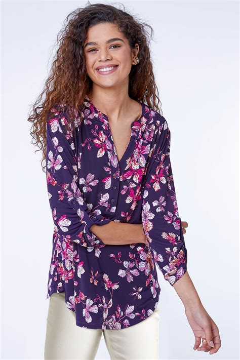 Floral Print Notch Neck Stretch Shirt In Plum Roman Originals Uk