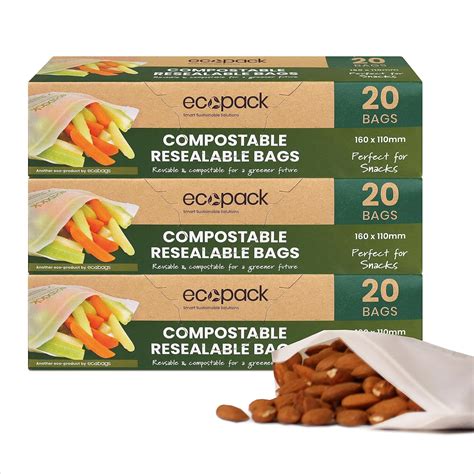 Ecopack Compostable Resealable Reusable Snack Bags 60 Bags Set Of 3