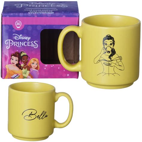 Mini Caneca Princesa Bella Amarela Café Expresso Empilhável Cerâmica