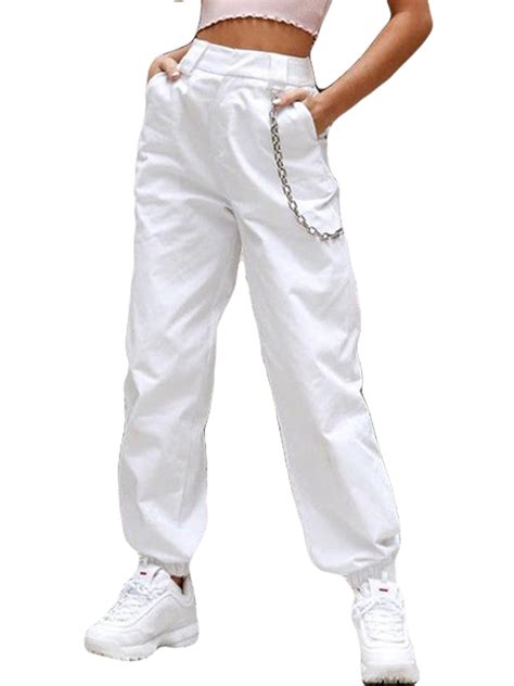 Women Hip Hop Pants High Waist Cargo Baggy Harem Trousers With Chain