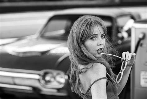 Young Woman With Red Dress At The Gas Station Attractive Elegant Girl