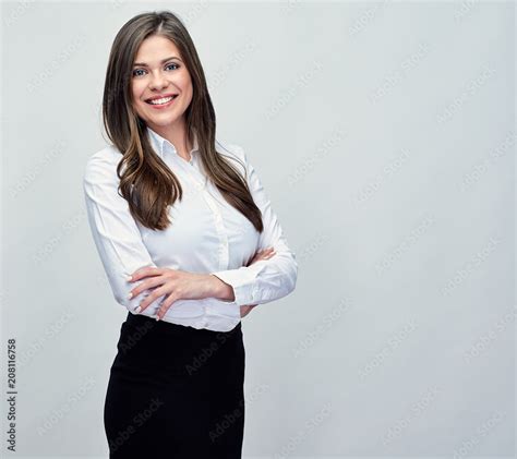 Studio Portrait Of Smiling Positive Business Woman Stock Foto Adobe