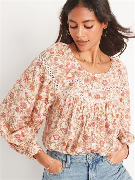 Long Sleeve Lace Trimmed Floral Print Blouse For Women Old Navy