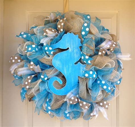 Large Aquaturquoise Beach Wreath With Majestic Seahorse In Etsy