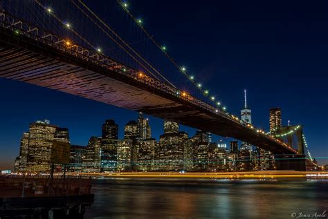 Brooklyn Bridge Night City Cities Urban New York Usa America