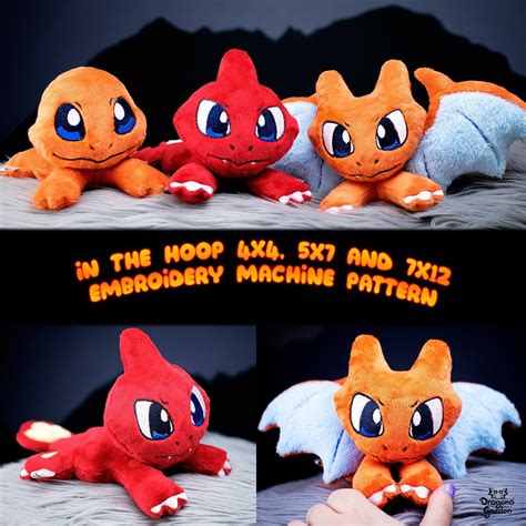 ITH Pokemon Embroidery Pattern | In The Hoop Charmander, Charmeleon, Charizard Plushies Machine ...