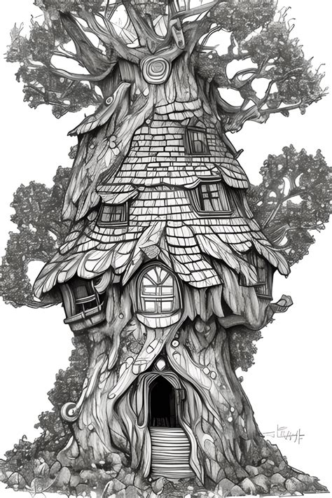 Coloriage Fantasy Fairy Tree House En Noir Et Blanc Creative Fabrica