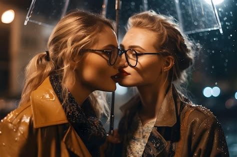 ロマンチックな若い成人レズビアン女性カップルのキス ニューラル ネットワーク Ai が生成 プレミアム写真