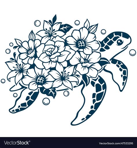 Abstract sea turtle tattoo silhouette with floral Vector Image