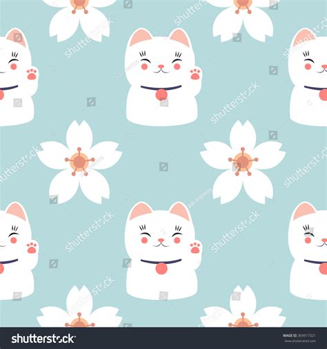 Seamless Pattern Maneki Neko Sakura Vector Stock Vector Royalty Free