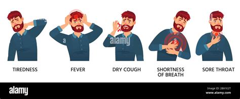 Covid 19 Symptoms Male Tiredness Fever And Dry Cough Stock Vector