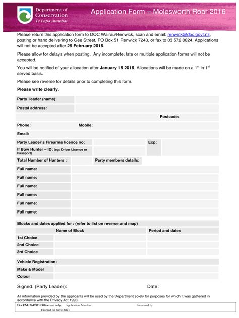 Fillable Online Doc Govt Molesworth Roar B2016b Application Form Fax