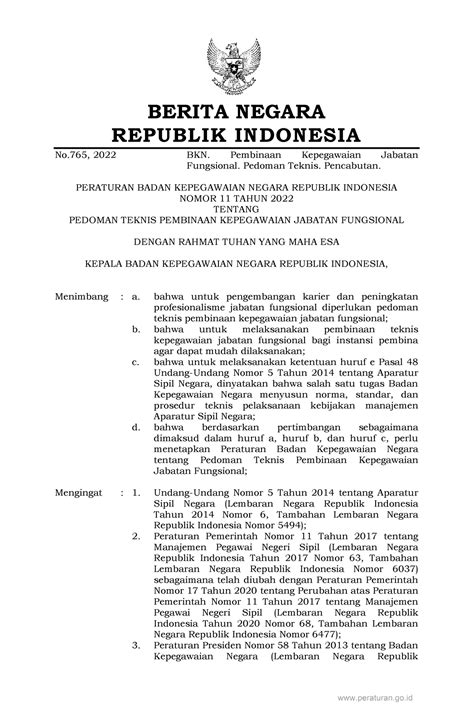 Peraturan BKN No 11 Tahun 2022 BERITA NEGARA REPUBLIK INDONESIA No