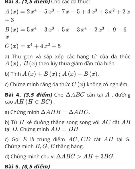 Bài 3 1 5 điểm Cho Các đa Thức A X 2 X 45 X ³ 7 X − 5 4x³ 3x² 2 X 3 B X 5 X 3