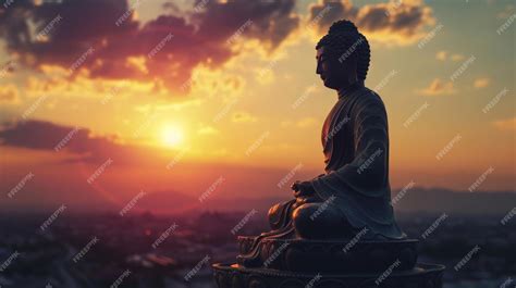 Premium Photo | Buddha statue silhouette of buddha and sunset background