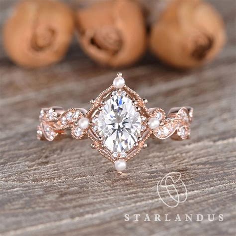 Unique Pearl Moissanite Ring Rose Gold Engagement Ring Vine Flower Ring