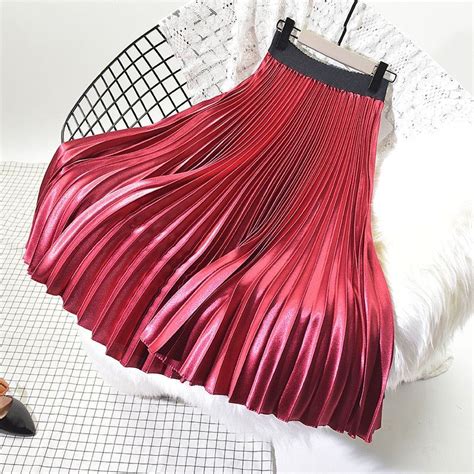 Metal Color Pleated Skirt Elastic High Waist Midi Chic Skirts Pleated