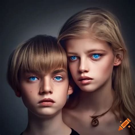 Portrait Of A Terrified Brother And Sister With Blue Eyes