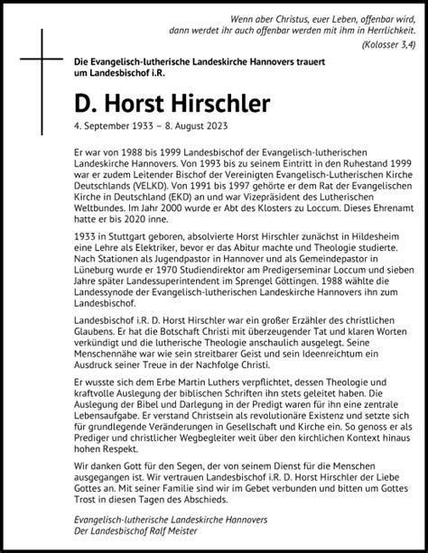 Traueranzeigen Von Horst Hirschler Trauer Anzeigen De