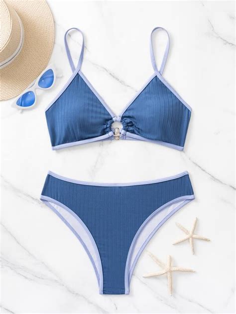 Shein Swim Vcay Conjunto De Bikini Acanalado Sujetador Vinculado Con