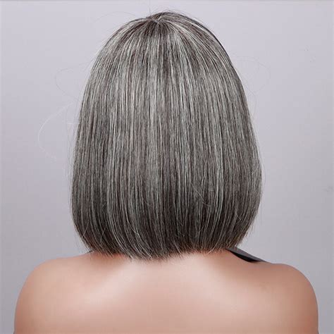 Trendy Salt And Pepper Short Straight Bob Wig With Bangs Real Human Hair