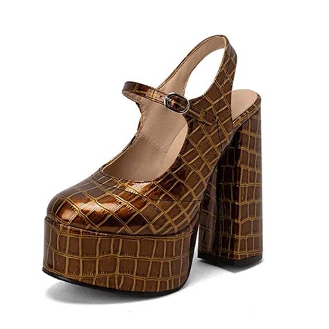 Emma Jones Round Toe Chunky Heels Crocodile Texture Pattern Platforms Ankle Buckle Straps Pumps