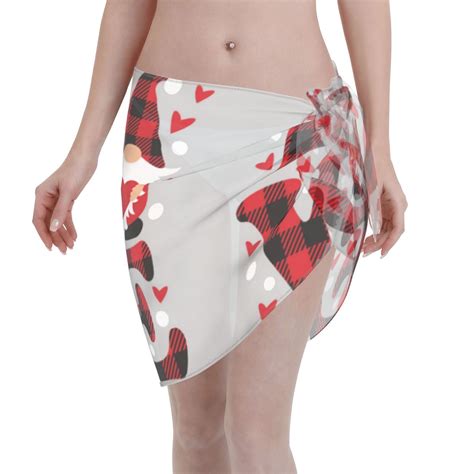 Adobk Buffalo Plaid Love And Gnome Swimsuit Coverups For Women Beach Bikini Short Skirt For