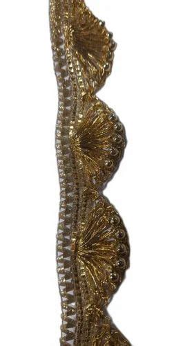 Plastic And Rayon Single Sided Golden Zari Beaded Lace For Garments At