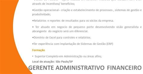 Networking Conhecimento E Oportunidades Vaga GERENTE ADMINISTRATIVO