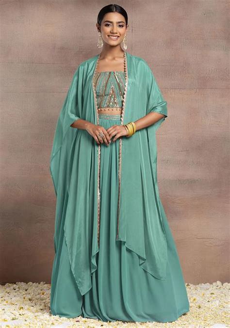 Buy Women Seafoam Lehenga Set With Sequin Hand Embroidered Blouse And