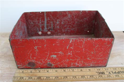 Vintage Industrial Steel Storage Box W Worn Red Paint Rustic Holiday