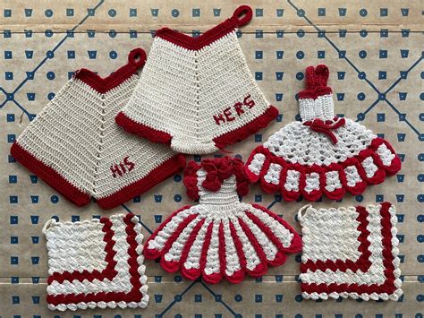 Vintage Crochet Pot Holder Hot Pad Instant Collection Of Retro Red White Kitchen Decor Etsy