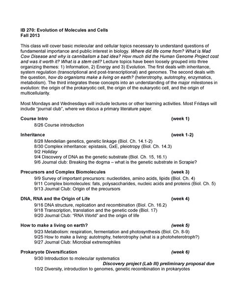 Syllabus 2013 IB 270 Evolution Of Molecules And Cells Fall 2013 This