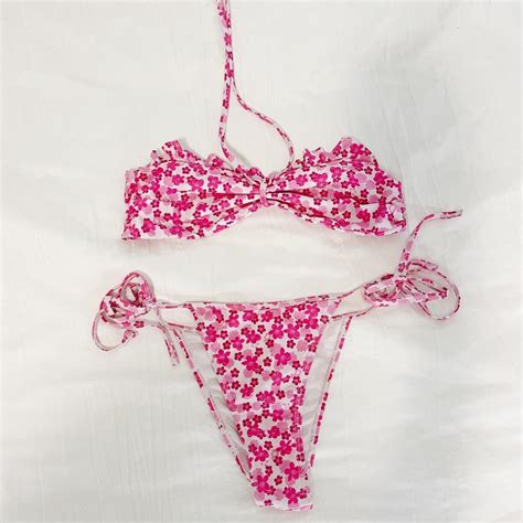 Pink Flower Bikini Size Small Depop